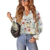 Ruisin Womens Boho Floral V-Neck Puff Sleeve Long Sleeve Blouse Casual Dressy Work Top