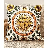 Kokaaee Embroidered Throw Pillow Covers 18x18 Inch - Summer Boho Decorative Pillow Cover with Zipper for Living Room Couch Sofa Bed Aesthetic Design Sunflower Moon Linen Cushion Pillowcase