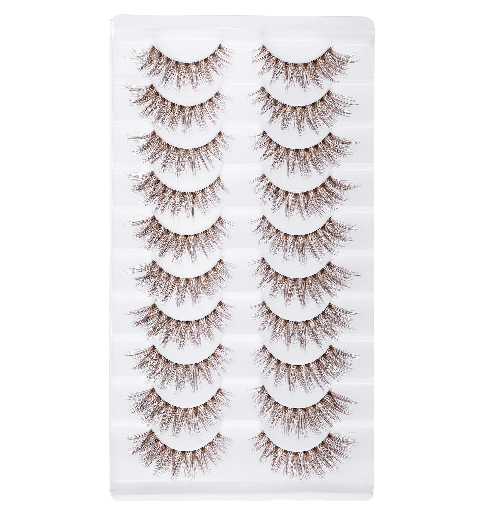 Photo 1 of 10 Pairs Brown Lash Strips, Brown Strip Lashes D Curl, Wispy Natural Look, Flat Invisible Band, Lightweight Reusable False Eyelashes for Makeup Beginners & Everyday Wear