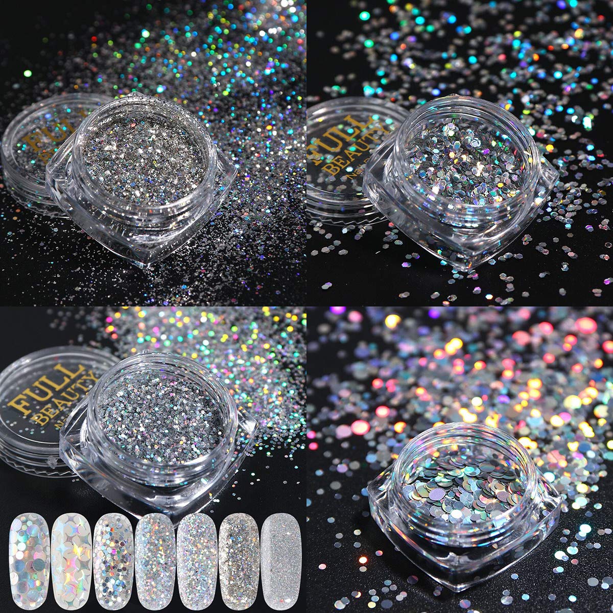 Holographic Nail Art Sequins Glitter Kits, KISSBUTY 8 Boxes Holographic Nails Powder Nail Art Sequins Metallic Shining Flakes Silver Nail Glitter Set for Nails Art Decoration Holographic Manicure: Beauty