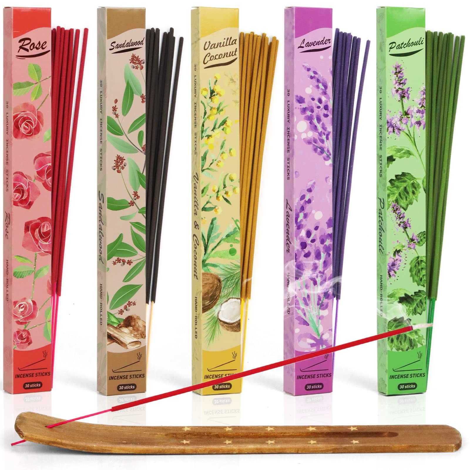 Incense Sticks Variety Pack - Sandalwood, Lavender, Rose, Patchouli, Vanilla Coconut, Gift Set for Mother's Day, Christmas, Birthday, Perfect for Yoga, Aromatherapy, Meditation, 150 Sticks with Holder