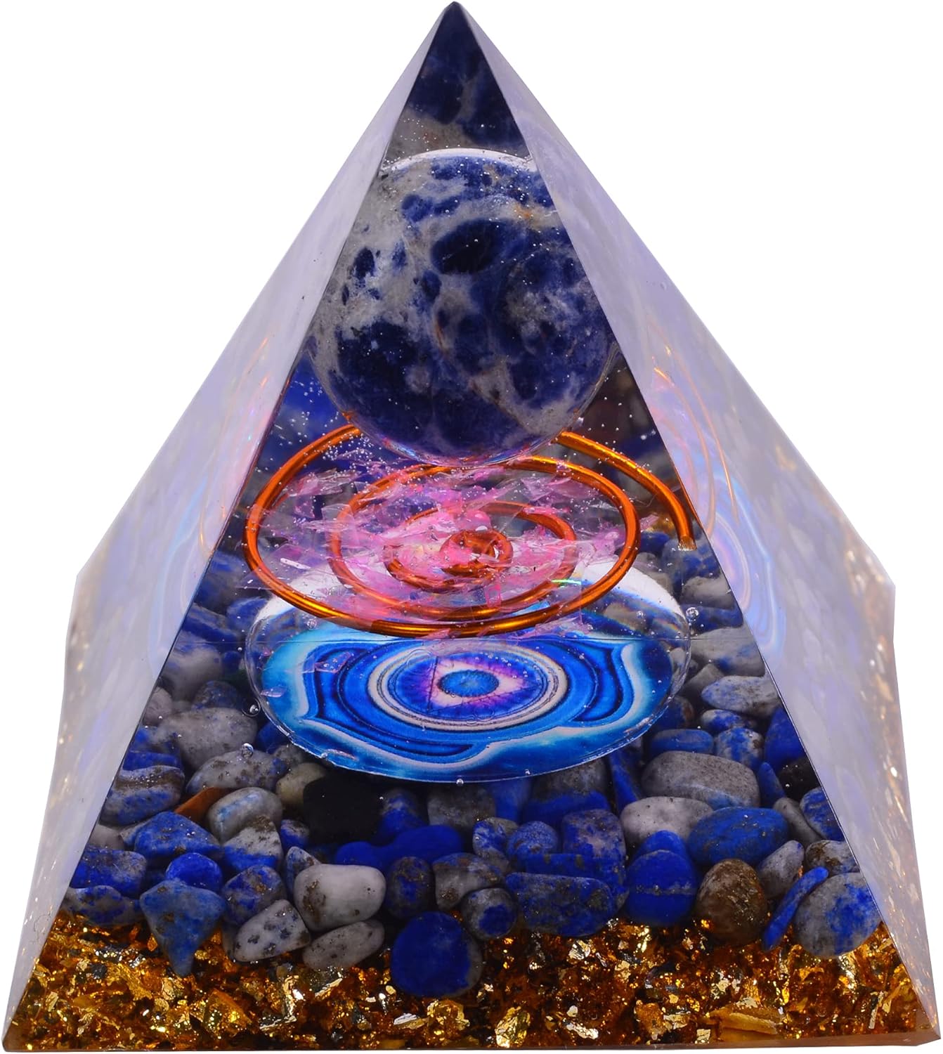 Mixed Media - Orgone Pyramid with Healing Crystal Lapis Lazuli Sphere, Natural Quartz Gemstone Inspirational Boost Meditation Energy Generator Orgonite Pyramid for Protection (Third Eye Chakra)