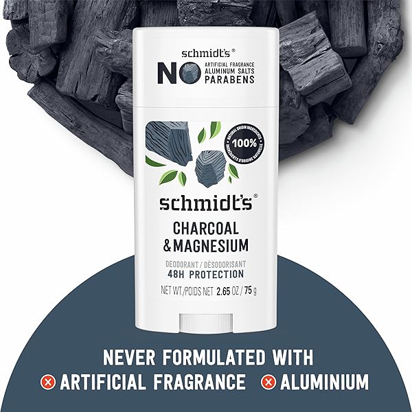 SCHMIDT’S ALUMINUM-FREE VEGAN DEODORANT CHARCOAL & MAGNESIUM WITH 24 HOUR ODOR PROTECTION, FOR WOMEN AND MEN, NATURAL INGREDIENTS, CRUELTY-FREE, 2.65 OZ