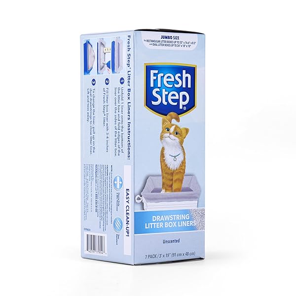 FRESH STEP JUMBO DRAWSTRING CAT LITTER BOX LINERS, UNSCENTED HEAVY DUTY KITTY LITTER BAGS FOR X-LARGE OVAL OR RECTANGLE PANS, HELPS CONTAIN MESS, EASY LIFT OUT CLEANUP, 36 X 19 IN, 7 COUNT