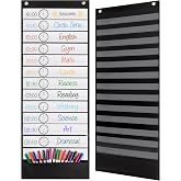 Essex Wares - Daily Schedule Pocket Chart, Black, 13 Pockets | Ultra-Durable Visual Schedule for Classrooms or Home, Easy to Use, Reusable, Sentence Strips
