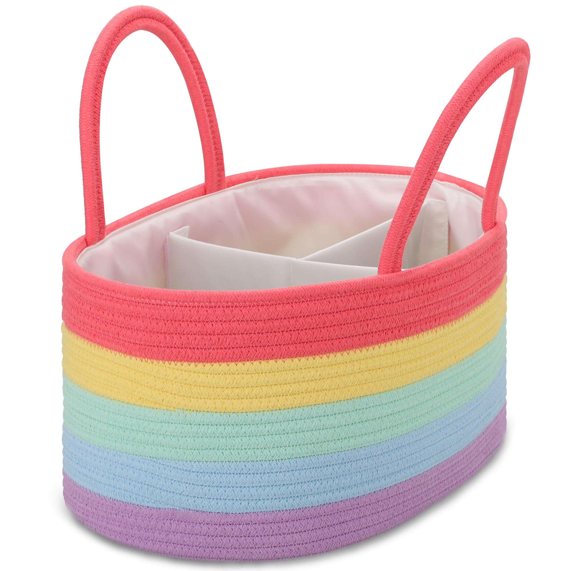 COMSE Large Nappy Caddy Organizer for Girl Boy, Baby Car Diaper Caddy with Handles, Cotton Rope Diaper Basket, Baby Shower Gifts Newborn Essentials Registry Must Have, Rainbow