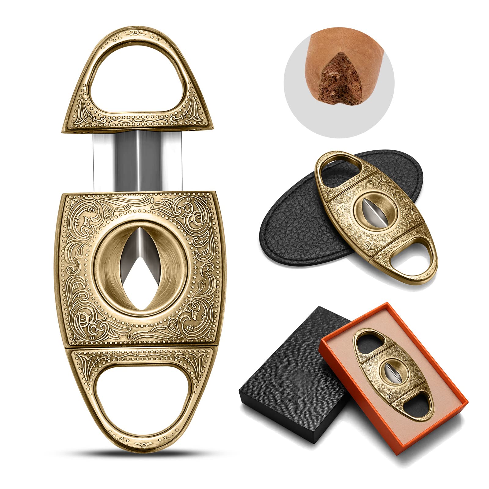 CIGARLOONG Cigar Cutter Gold Stainless Steel Bronze Engraved V Cut Blade Cigar Guillotine — image 1