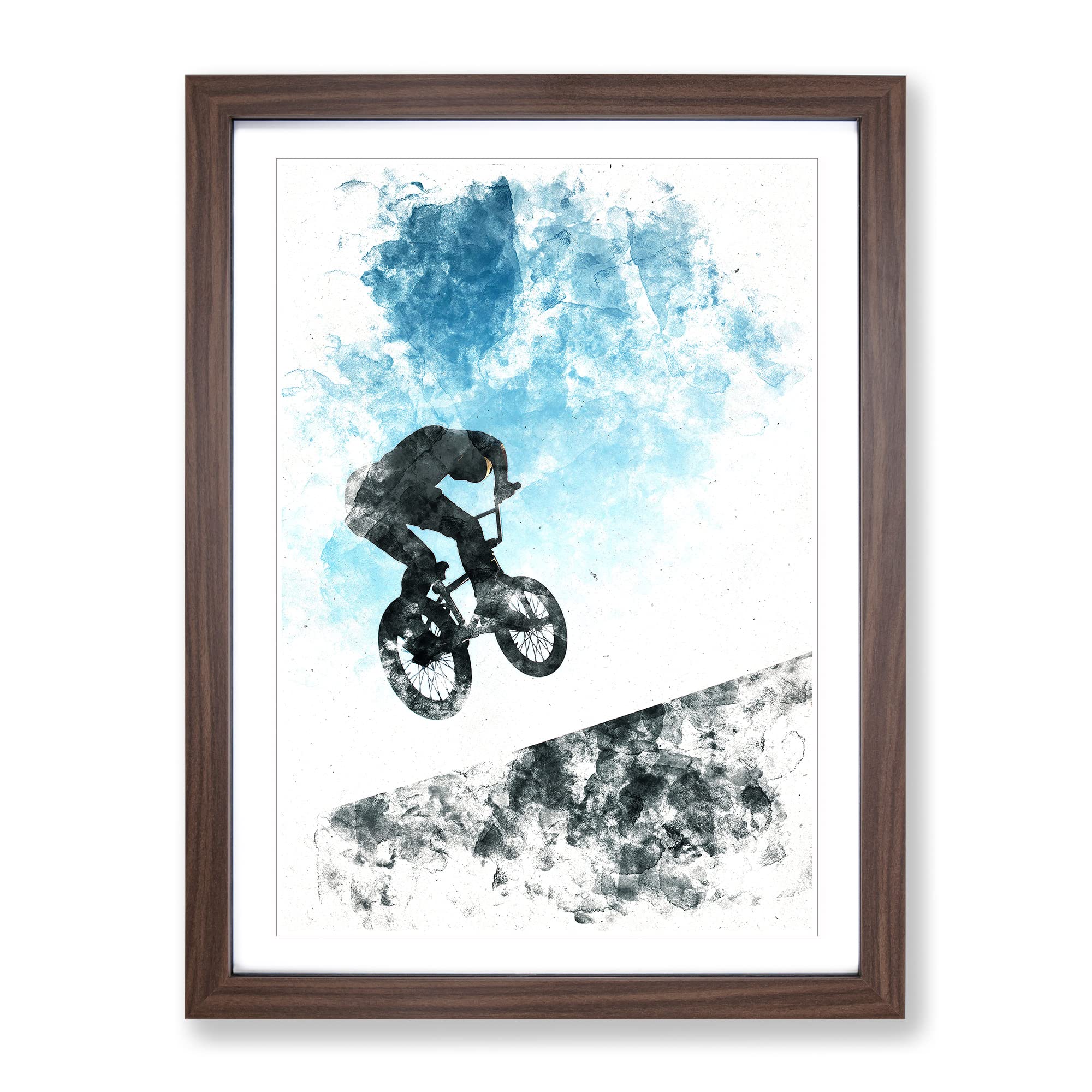 Bmx Jump Watercolour Modern Framed Wall Art Print, Ready to Hang Picture for Living Room Bedroom Home Office Décor, Walnut A3 (34 x 46 cm)