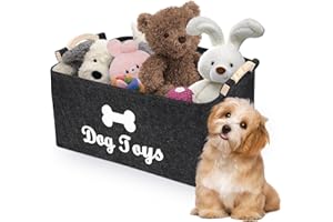 MEKOTRIN Dog Toys Storage Bin, Large Collapsible Dog Toy Basket with Wooden Handle, Decorative Basket Rectangular Soft Felt S