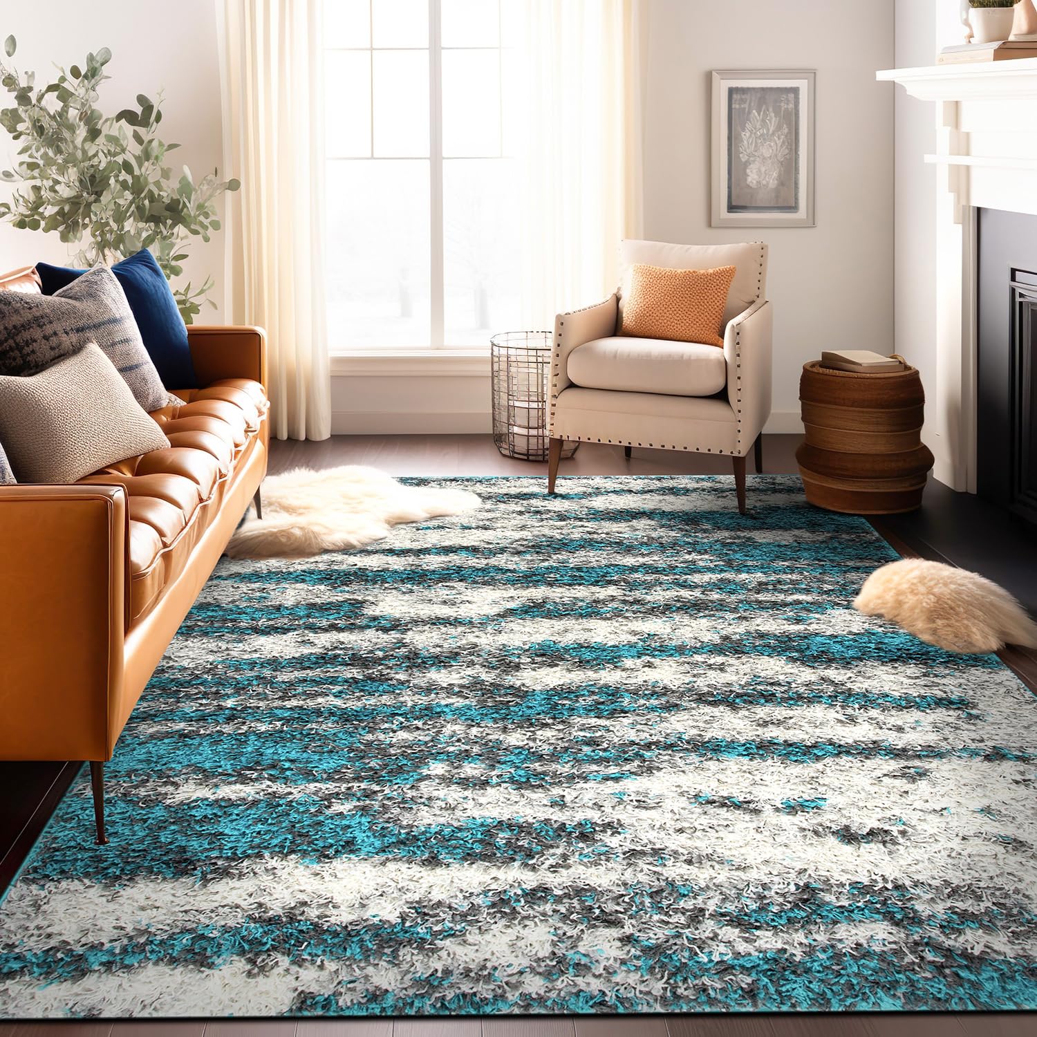 Photo 1 of Rugshop Contemporary Abstract Design Plush Shag Area Rug 7'10" x 10' Turquoise