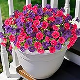 Artificial Flowers for Outdoors Decoration, 10 Bundles Fake Plastic Flower Plant, Faux Colorful Silk Morning Glory Petunias for Spring Summer Outside Garden Porch Front Door Decor, Hot Pink Purple