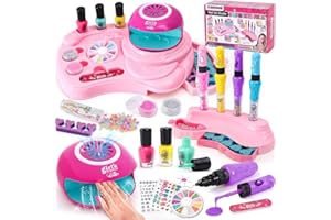 B Bascolor Kids Nail Polish Set for Girls Toy, 4 Nail Draw Pen/Nail Dryer/3 Nail Polish/2 Storage Base/Sticker/Powder Decor, Birthday Gift for Girls 4 5 6 7 8 9 10 11 12 13 Year Old Salon Art Nail Kit