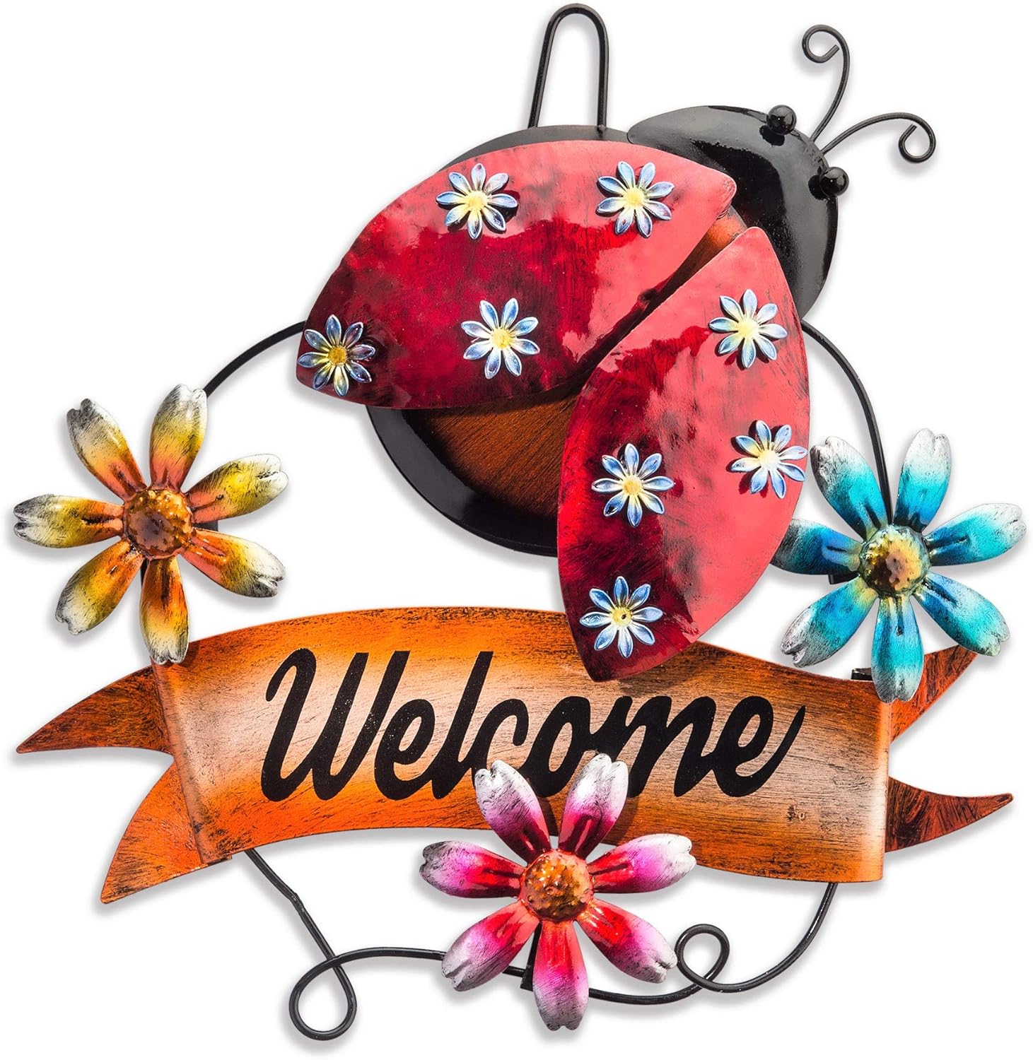 Fawgold Outdoor Metal Wall Art Ladybug Garden Decor Fence Decorations 16 Inch Welcome Sign Hanging for Indoor Outdoor Garden Yard