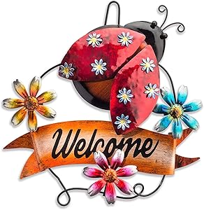 Fawgold Outdoor Metal Wall Art Ladybug Garden Decor Fence Decorations 16 Inch Welcome Sign Hanging for Indoor Outdoor Garden Yard