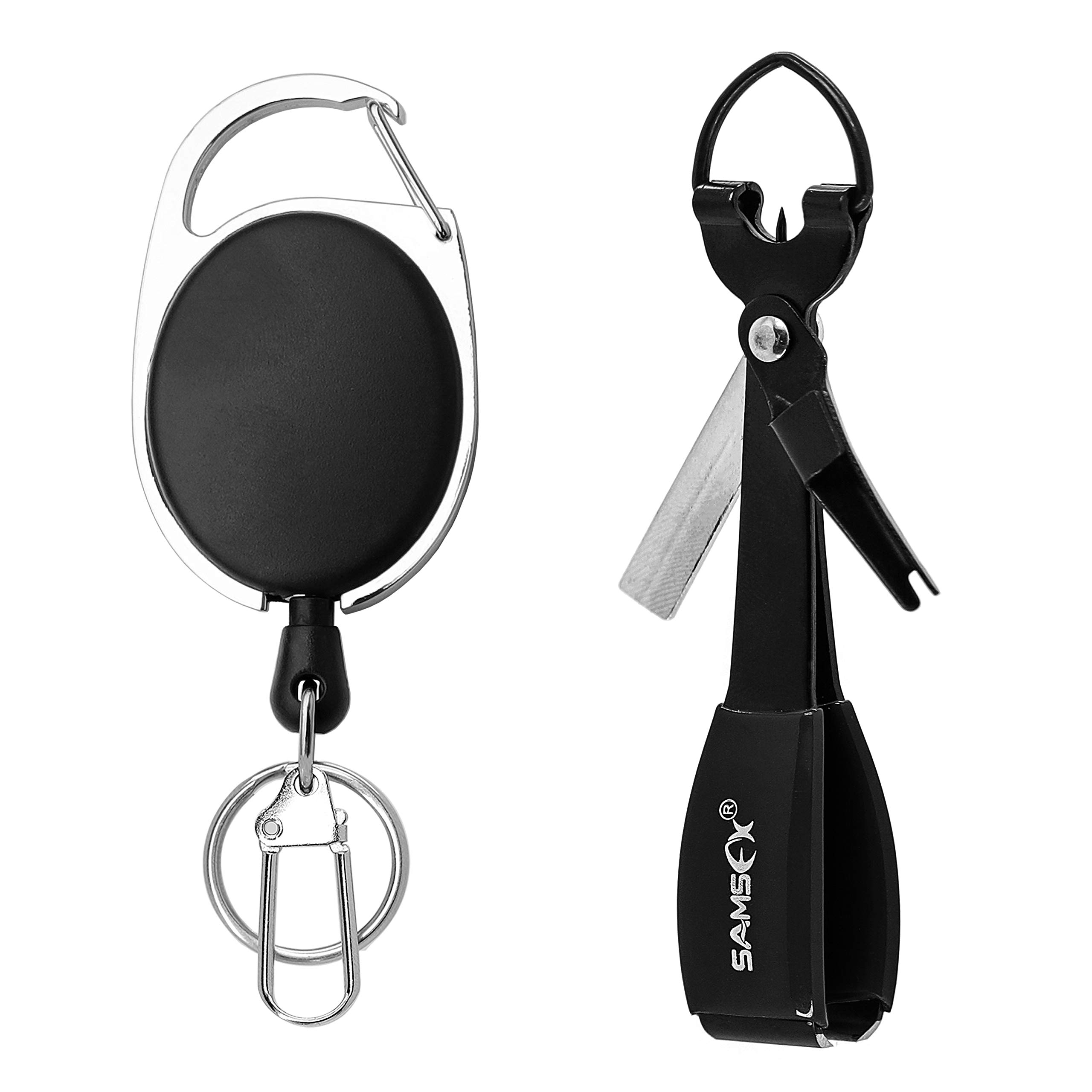 SAMSFX Fishing Quick Knot Tying Tool 3.7" Large Size 4 in 1 Mono Line Clipper with Zinger Retractor Combo (Oval Zinger & Black Knot Tool, Black Grip)