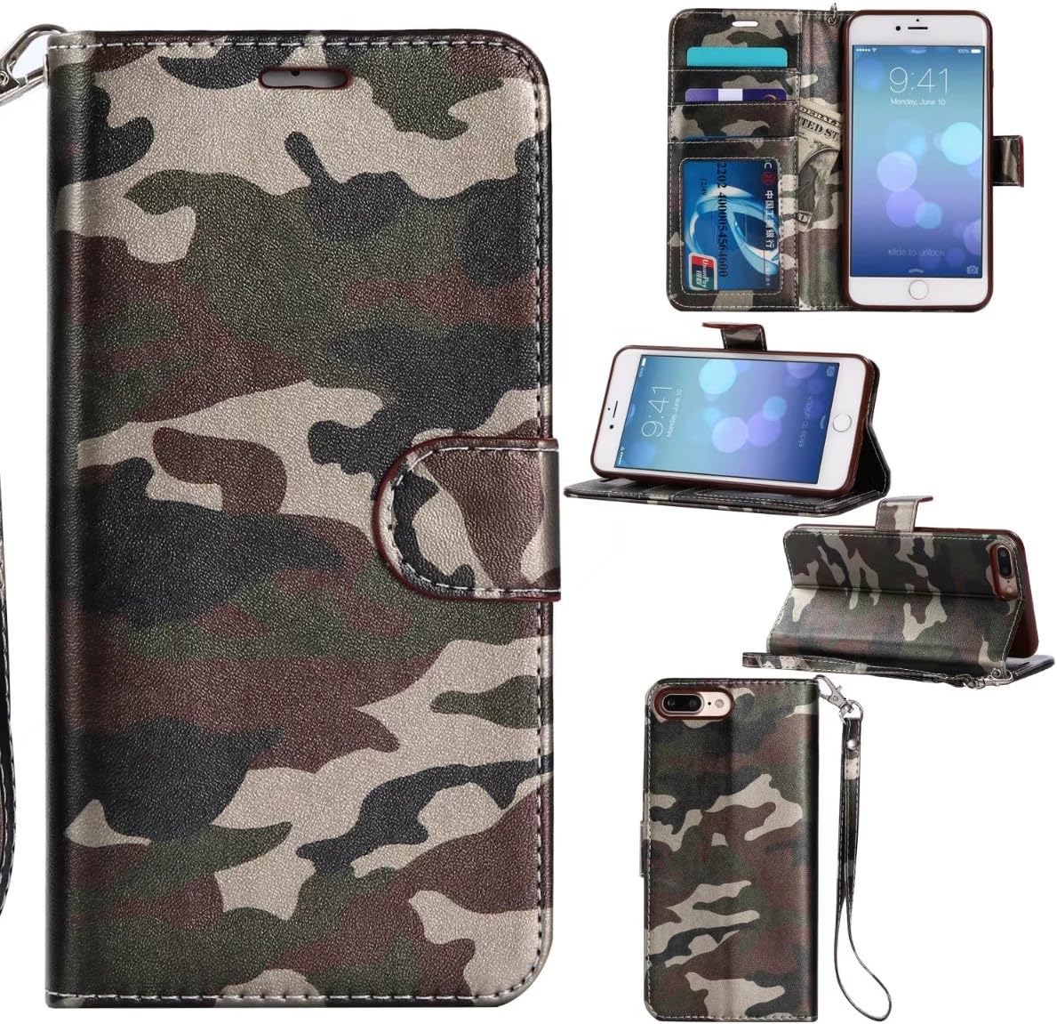 iPhone 7/8 4.7 Case ,MIRAER Army Camo Camouflage Pattern Flip Cover for iPhone 7 /8 4.7 inch PU Leather TPU Wallet Cover Phone Bags Cases (Green)