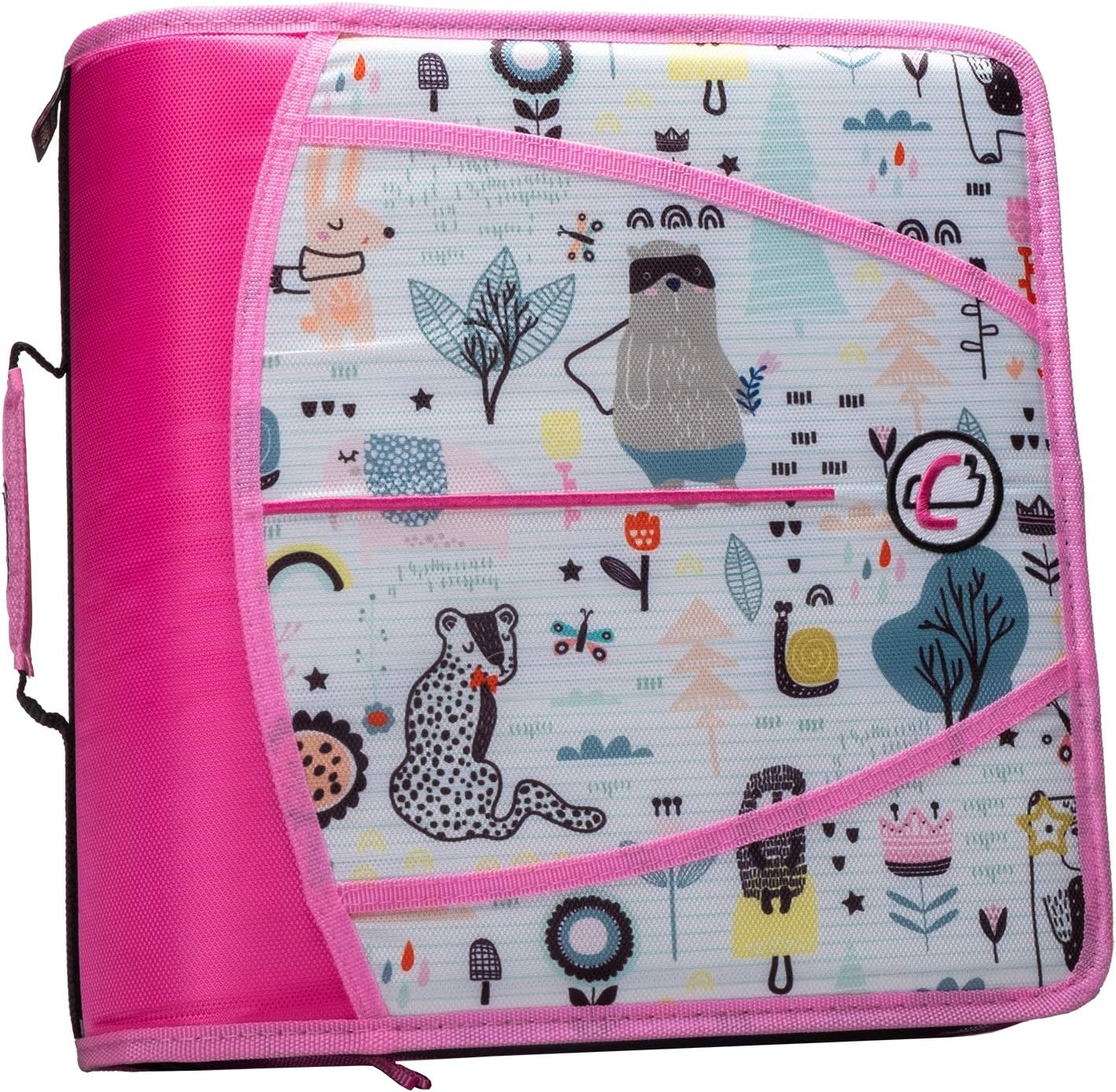 Case-It T641P Zipper Binder, 3-Inch Capacity, with 5-Tab Expanding File, Zip Mesh Pocket, Shoulder Strap, Doodle Creatures Pink