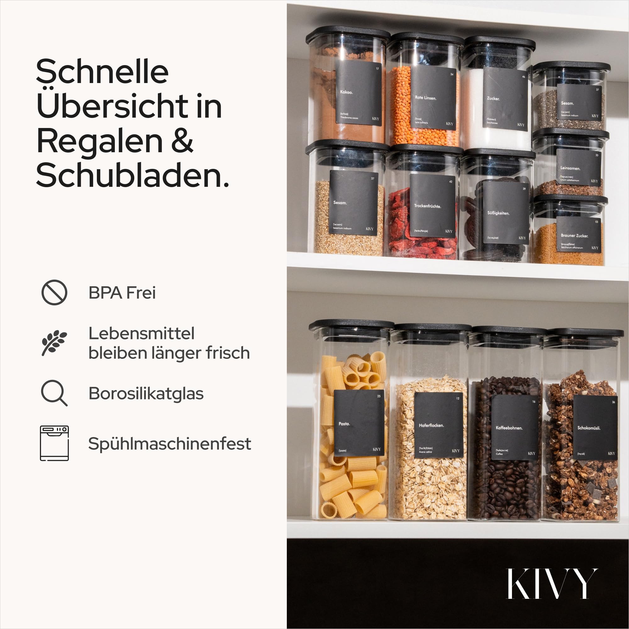 KIVY Vorratsgläser eckig [12er Set] + Etiketten - Stapelbare & Luftdichte Aufbewahrungsgläser mit Deckel - Schwarze Vorratsgläser mit Deckel Luftdicht - Vorratsdosen Glas Aufbewahrung 5
