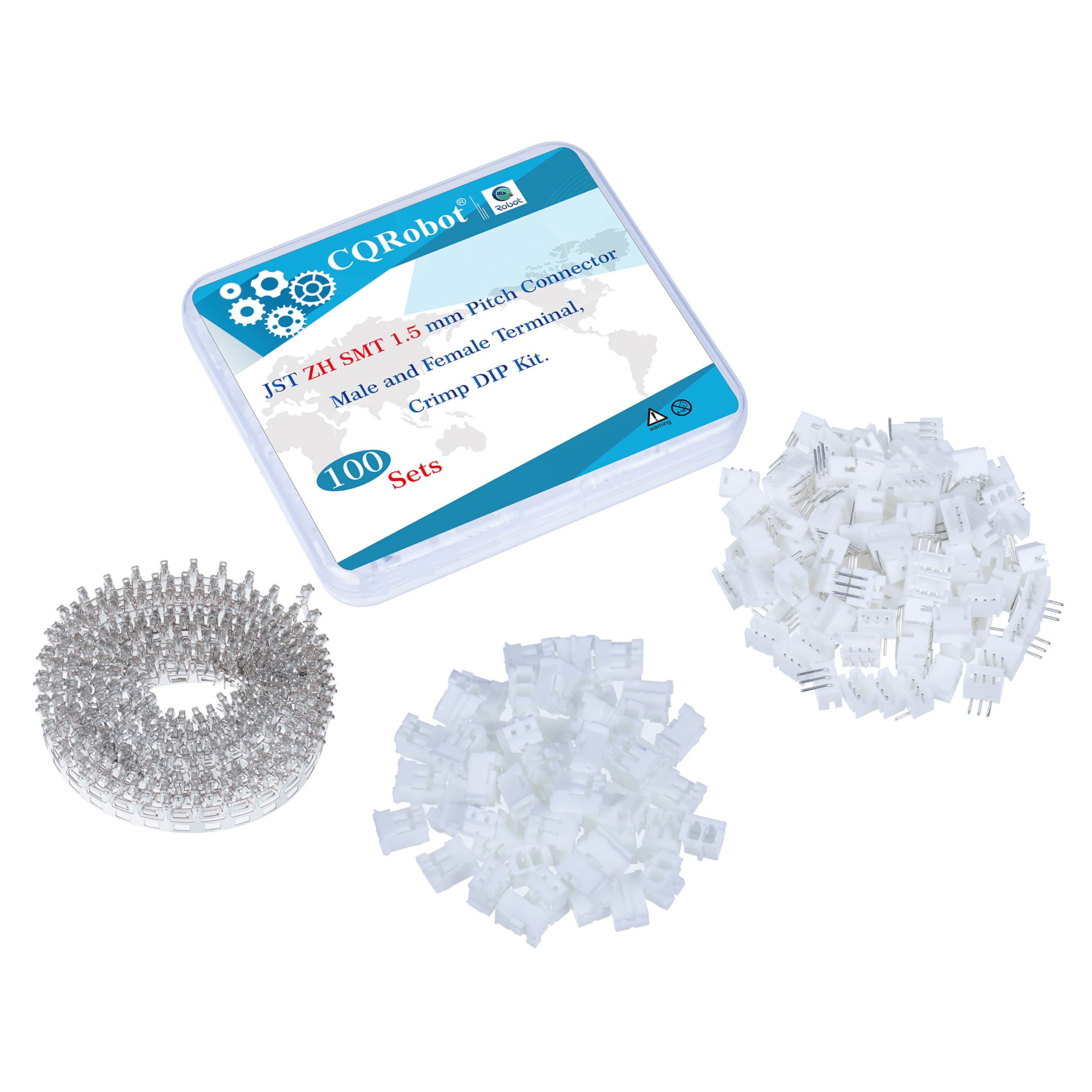 CQRobot JST ZH SMD 1.5 mm Pitch 3-Pin Electronic Computer Connector IC Male Plugs, Female Sockets Housing and T-Shaped Crimp Terminal Kit. 100 Sets/500 Pieces Wire-to-Board Adapter Cable Assembly.