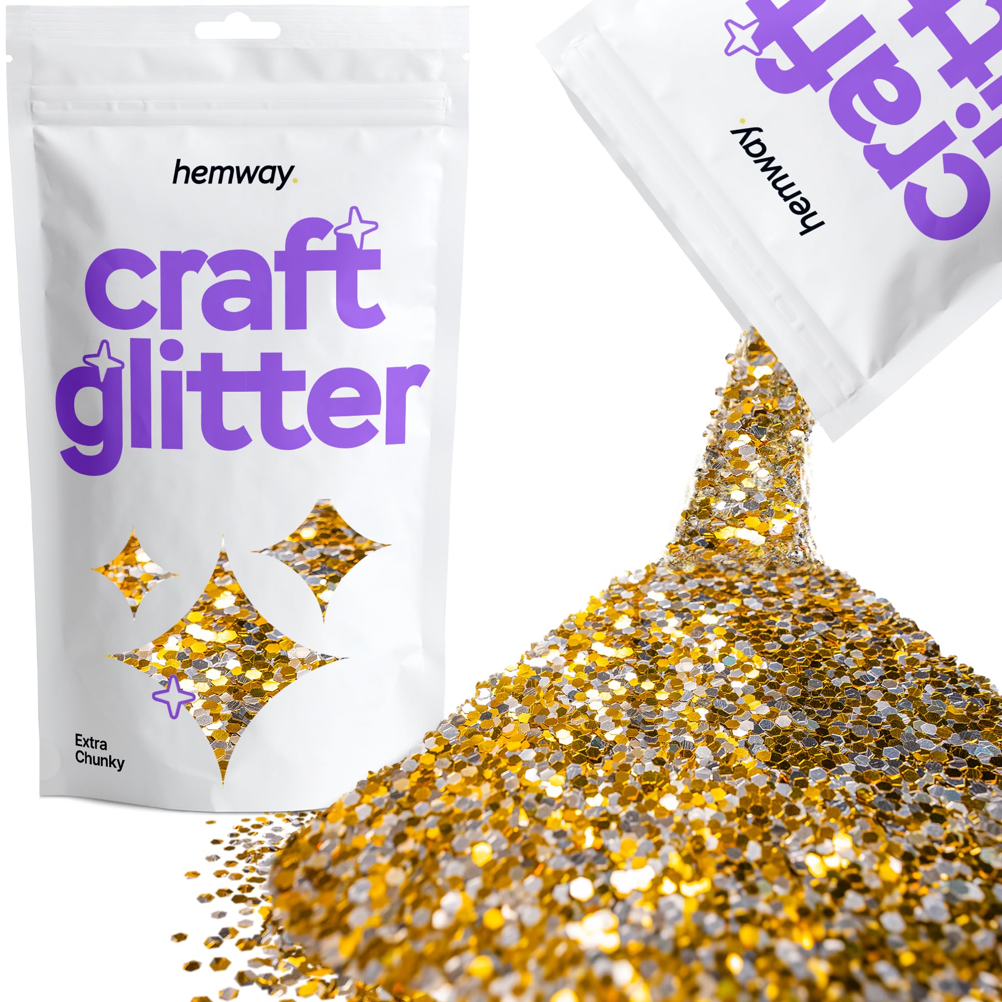 Hemway Craft Glitter Gold Silver 100g Extra Chunky Glitter for Crafts, Resin, Cosmetic, Nail, Face, Body, Festival, Tumblers, Art, Candle, Crafting