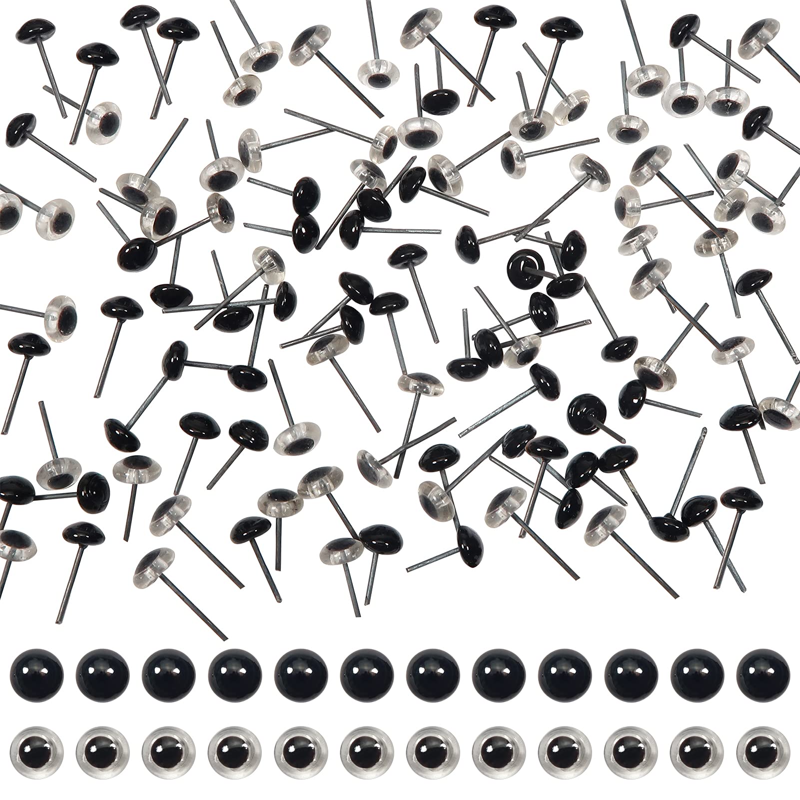 TOAOB 100 Pieces Round Glass Animal Eyes with Metal Nail 6 mm Transparent and Black Safety Eyes for Doll Making