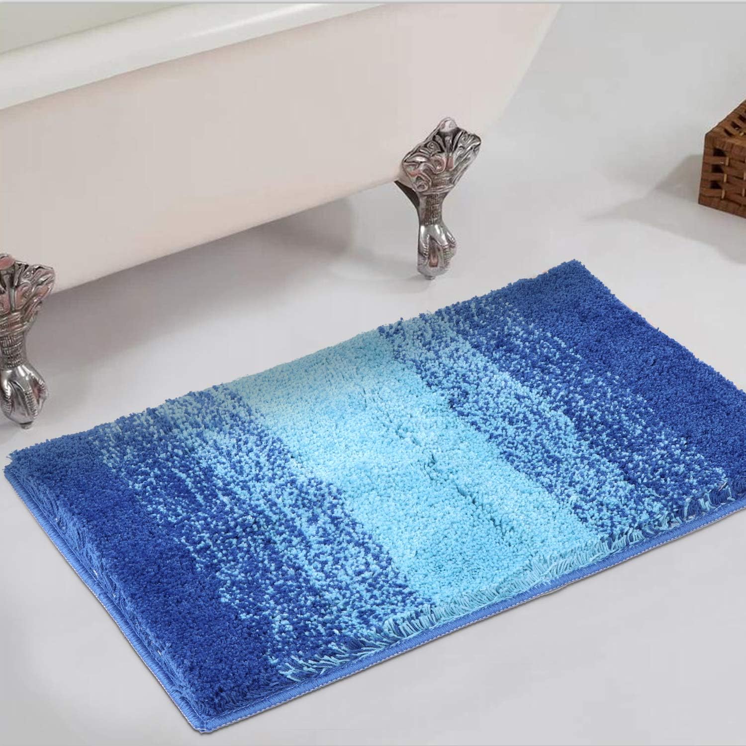 HAOCOO Bathroom Rugs Ombre Stripe Blue 18x26 inch Non-Slip Bath Mat Water Absorbent Soft Shaggy Microfiber Machine Washable Luxury Plush Bath Floor Rugs for Tub Shower