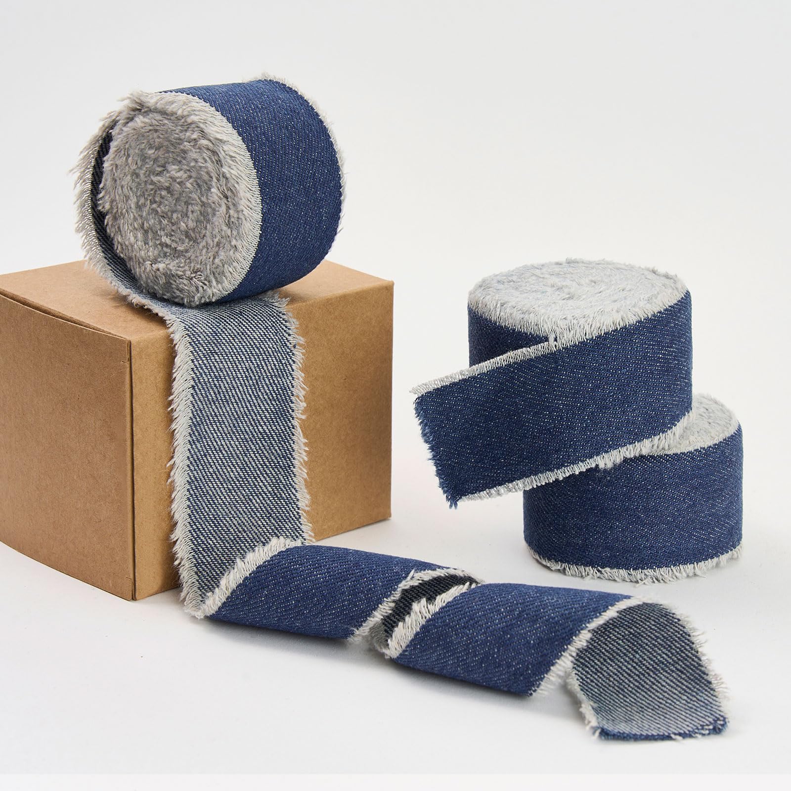 Pretty Jolly Blue Denim Ribbon for Gift Wrapping Handmade Rustic Frayed Cotton Fabric Ribbon for Flower Bouquet Total 15 Yards 1 1/2 Inch Ribbons for Crafts Hair Wedding Invitation Holiday Decor