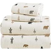 Comfort Spaces 100% Cotton Flannel Sheets King Size Set, Ultra Soft, 4 Pcs | Breathable, Lightweight, Deep Pocket, Warm Sheet Set for Cold Weather, Fitted Sheet, Flat Sheet and 2 Pillowcases, Bear/Trees