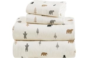 Comfort Spaces 100% Cotton Flannel Sheets Queen Size, Ultra Soft Cozy Flannel Sheet Set with 14" Elastic Pocket Fits up to 16" Mattress, Novelty Print Warm Flannel Bedding, Bear/Trees 4 Piece
