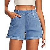 IUGA Stretchy Baggy Jean Shorts Womens Pull On Denim Shorts Women High Waisted Tummy Control Jorts Summer Casual with Pockets