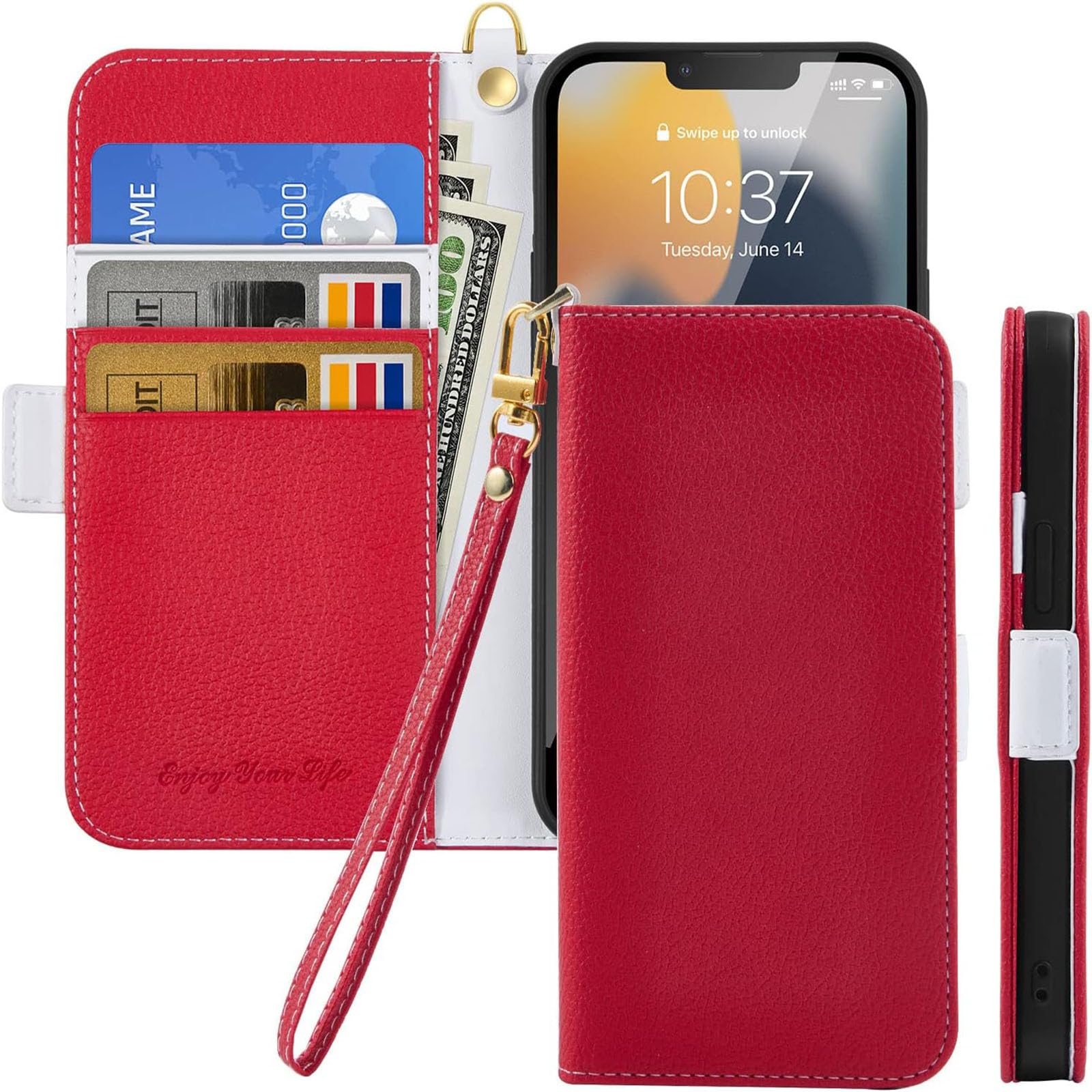 Tiyoo Flip Phone Case for Huawei P30 Lite, Premium Magnetic Wallet Case for Phone Protection, Lychee Pattern PU Leather with Card Slots & Wrist Strap, Shockproof Phone Cover for Huawei P30Lite, Red