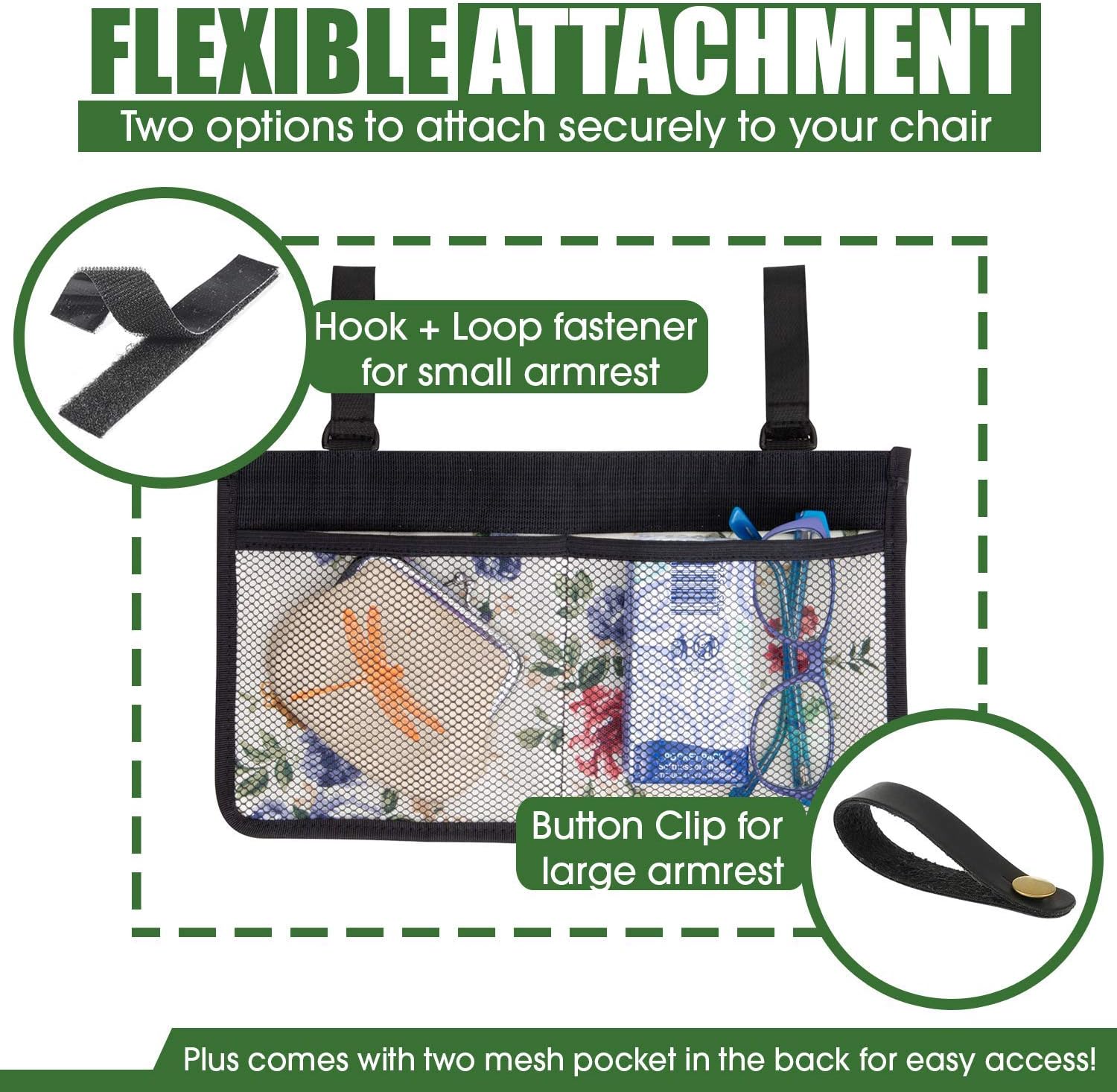 Wheelchair Side Bag - Arm Rest Pouch - Wheel Chair Accessories Organizers - Fits Walkers, Rollators, Scooters (Flower): Health & Personal Care