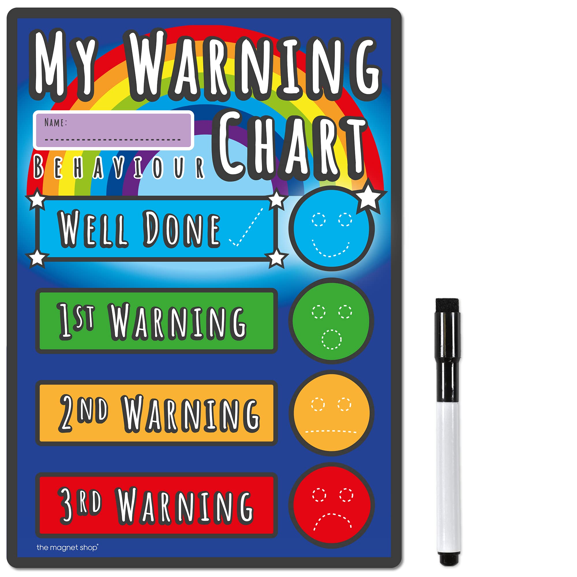 TMS Behaviour Warning Chart and Reward Chart for Children - Dry Wipe Magnet with Colour in Stars and a Magnetic Dry Erase Pen for Toddlers, Kids, Boys, Girls (Rainbow, A5 Warning Chart)