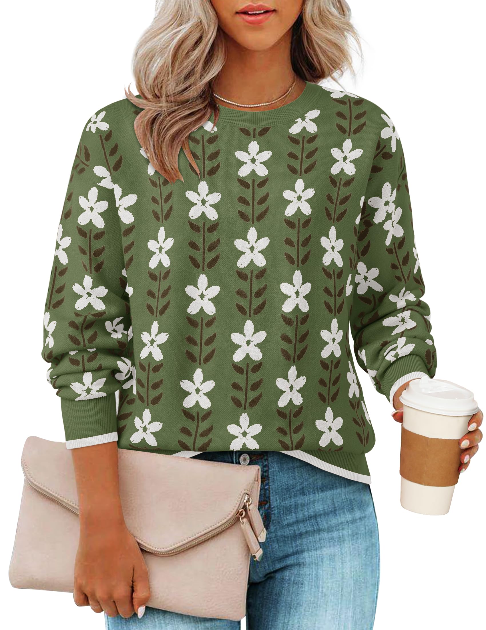 ZESICA Women's Long Sleeve Crewneck Sweater 2026 Fall Printed Cute Oversized Knitted Pullover Tops Trendy Clothes,Dusty Green,Small Image