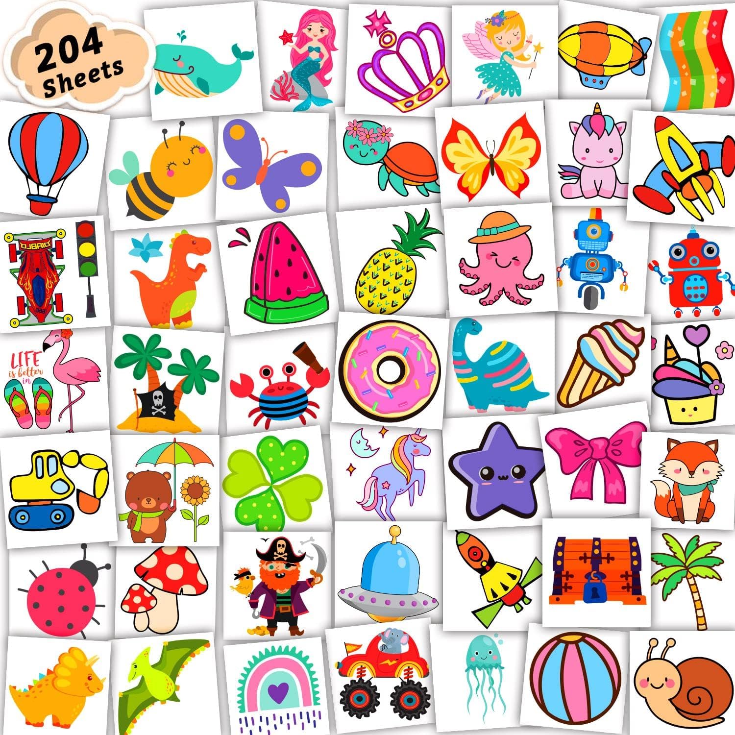 Leesgel Tattoos for Children, Pack of 204 Individually Packed Children's Tattoos Stickers for Party Bags, Children's Birthday, Party Favours, Small Gifts for Boys and Girls