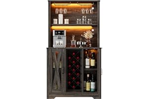 DWVO 65" Bar Cabinet with LED Lights, Home Coffee Cabinet with Wine and Glass Rack, Tall Modern Farmhouse Kitchen Buffet Sideboard with Liquor Storage Cabinets for Dining Room, Dark Rustic Oak
