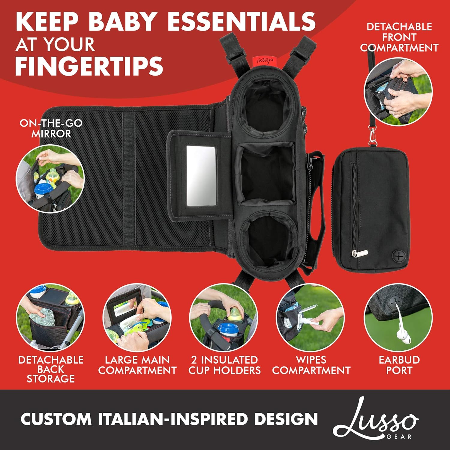 Lusso Gear Stroller Organizer With Cup Holders | Fits All Strollers | Stroller Accessory for Baby Storage On the Go | Stroller Caddy With Multiple Storage Sections | Secure Fit Won’t Slip or Slide: Home Improvement