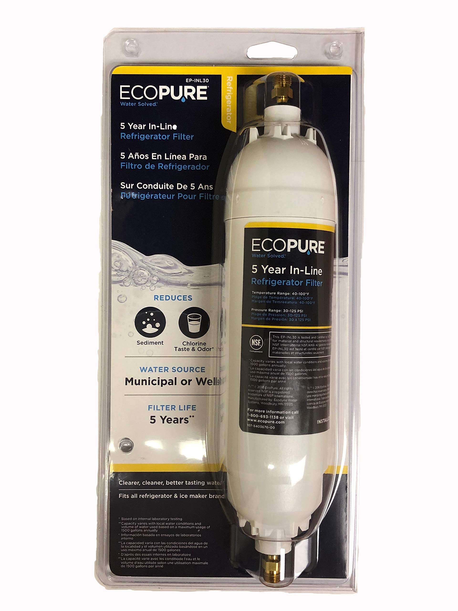 EcoPure EPINL30 5 Year in-Line Refrigerator Filter-Universal Includes Both 1/4