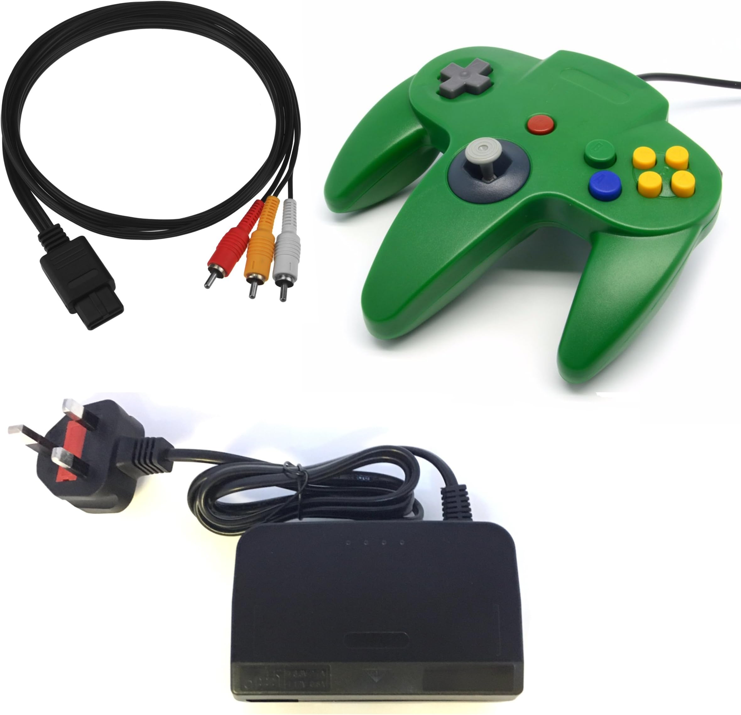 3rd Party Replacement Nintendo 64 Accessory Bundle, Power/AV & Green N64 Controller
