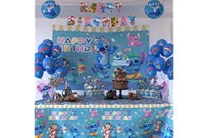Nelton Party Supplies For Stitch Includes Cake Topper, 24 Cupcake Toppers, 20 Latex Balloons, Happy Birthday Backdrop, 1 Table Cloth , 1 Banner, 3 Foil Balloons
