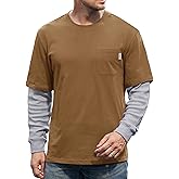 VOGSTART Mens Layered Shirt Waffle Longsleeve Cotton Faux 2-Piece Casual Pullover with Pocket (S-XXL)