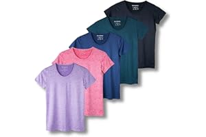 Real Essentials 5 Pack: Women's Dry Fit Tech Stretch Short-Sleeve Crew Neck Athletic T-Shirt (Available in Plus Size)