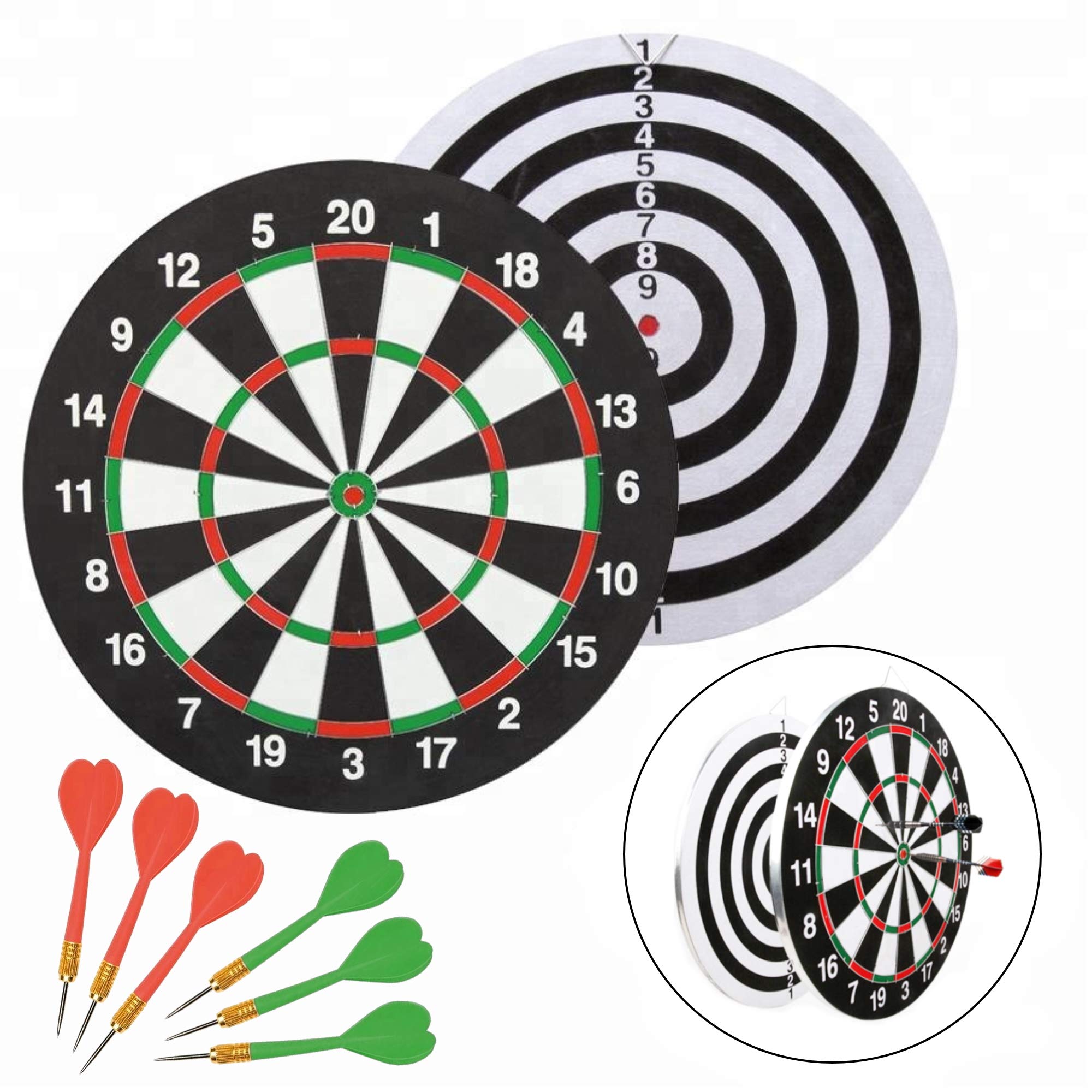 O&W Security Dartboard Dart Set 43.5 cm, 6 Darts with Metal Tips, Classic & Black/White, Ideal for Family