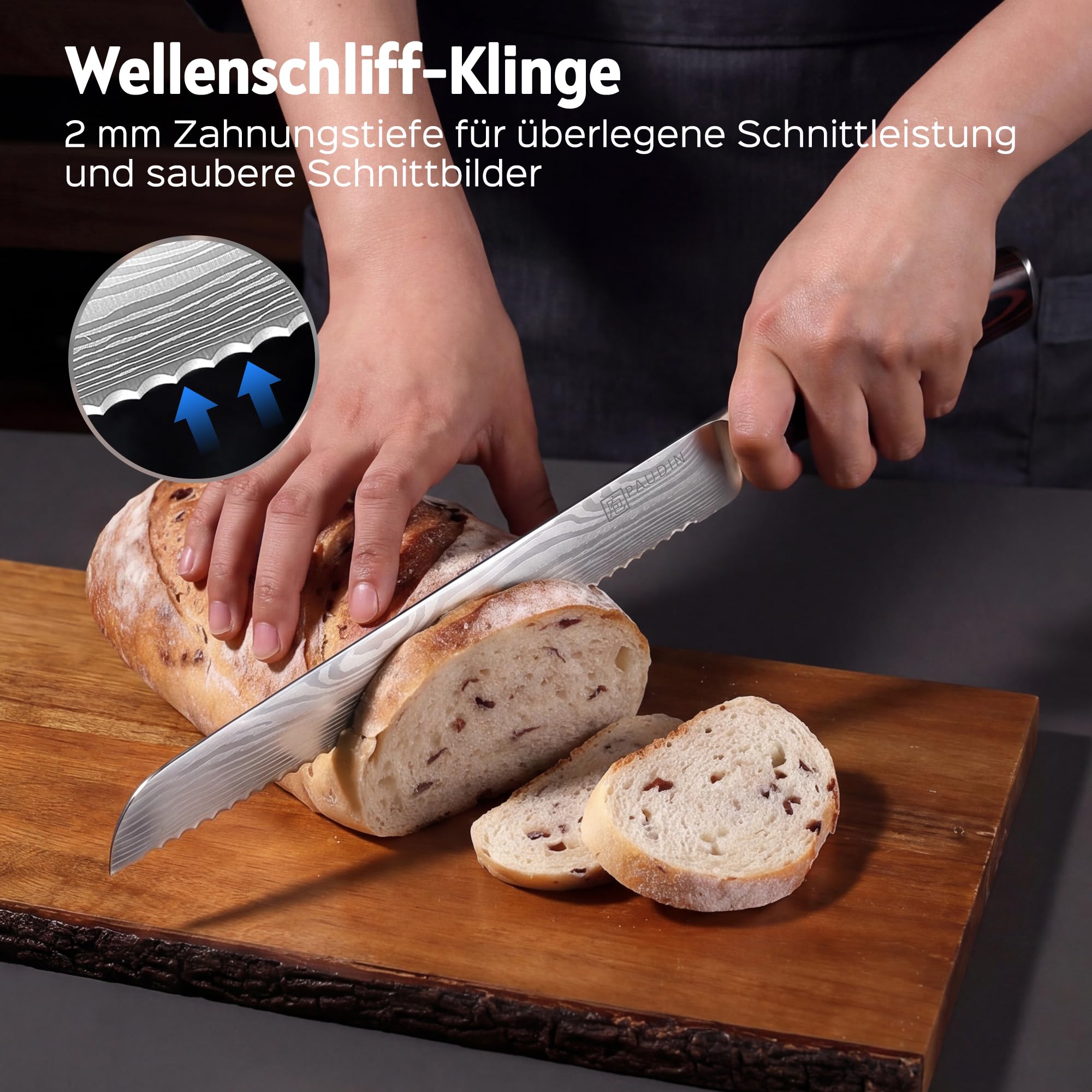 PAUDIN Brotmesser mit Wellenschliff 26 cm aus hochwertigem rostfreiem Edelstahl, extra scharfe Messerklinge mit ergonomischem Pakkaholzgriff 5