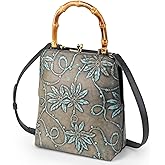 ZHIYONG Floral Leather Tote Bag for Women with Sturdy Wooden Handles, Snap Closure Handbag & Shoulder Bag, Spacious for Everyday, Work, Shopping, and Casual Use, Gray-Green with Floral Design