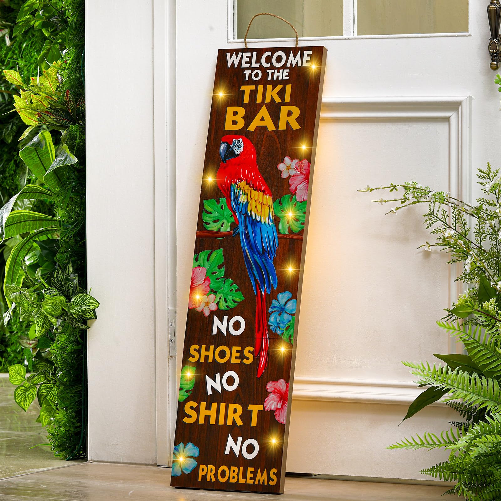 Photo 1 of Colingmill 36 Inch Tiki Bar Sign Lighted Summer Luau Porch Wooden Sign Wood Hawaiian Beach Pool Party Decoration Tropical Tiki Bar Decoration for Beach Patio Deck Home Pub Aloha Birthday Party