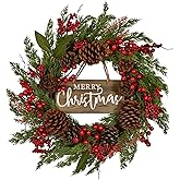 20 Inch Christmas Wreath with Pinecone Berries Christmas Decorations Front Door Wreath for Outdoor Indoor Party Wall Table Home Decor Brown Sign