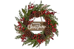PGANDS 20 Inch Christmas Wreath with Pinecone Berries Christmas Decorations Front Door Wreath for Outdoor Indoor Party Wall Table Home Decor Brown Sign