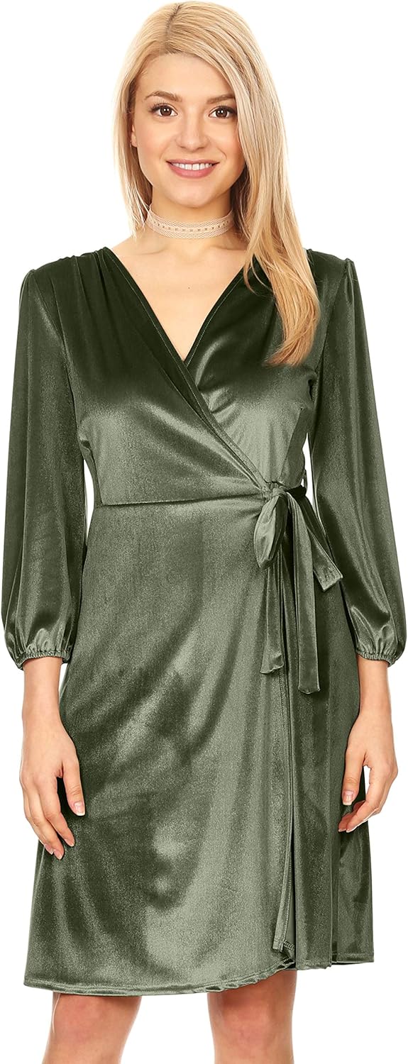 Womens Long Sleeve Velvet Wrap Dress with Belt - Made in USA (Size Large, Olive): Amazon.ca 