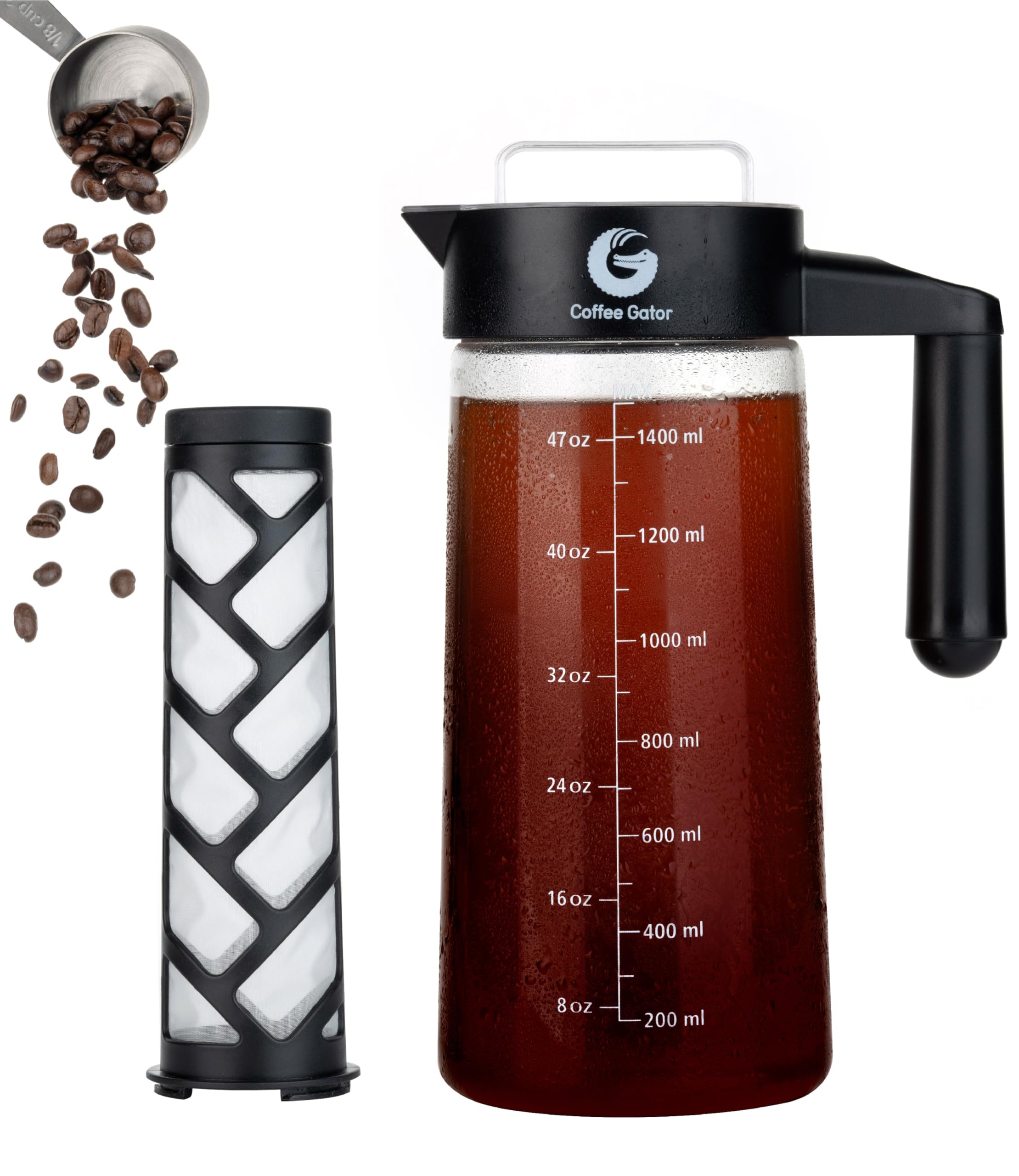 Coffee Gator Cold Brew Coffee Maker - 47 oz Iced Tea and Iced Coffee Maker and Pitcher with Borosilicate Glass Carafe, Filter - Black